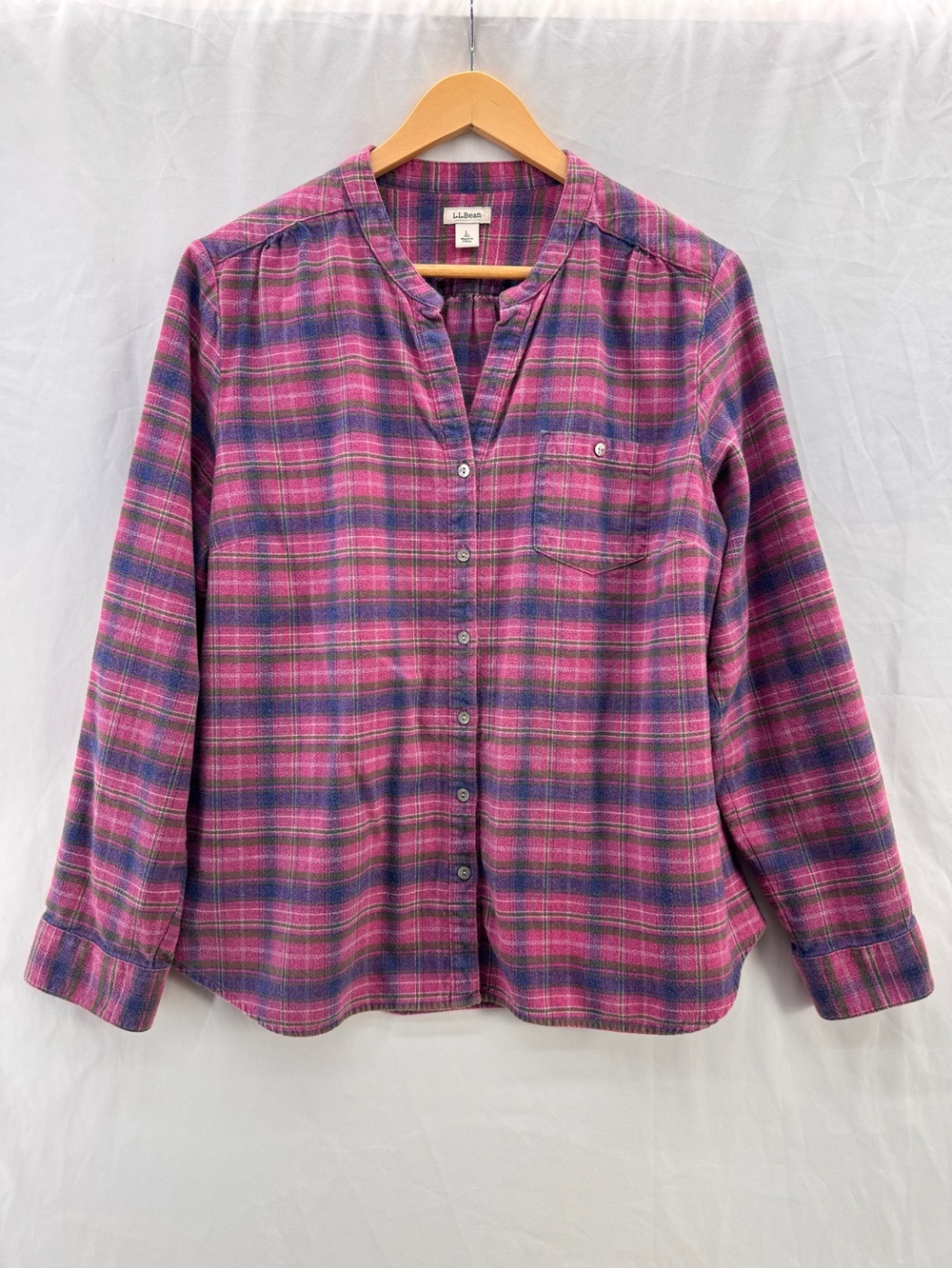 LL Bean Plaid Flannel Shirt Womens L Collarless Henley Button Tunic Pink Purple